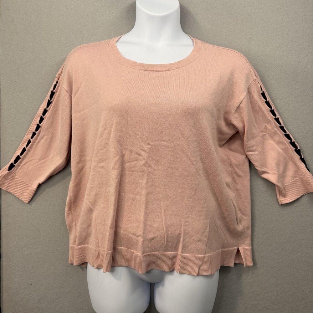 CJ Banks Sweater 1X Plus Pink Cut Out Lattice Sleeve Knit Top 3/4 Casual Boxy